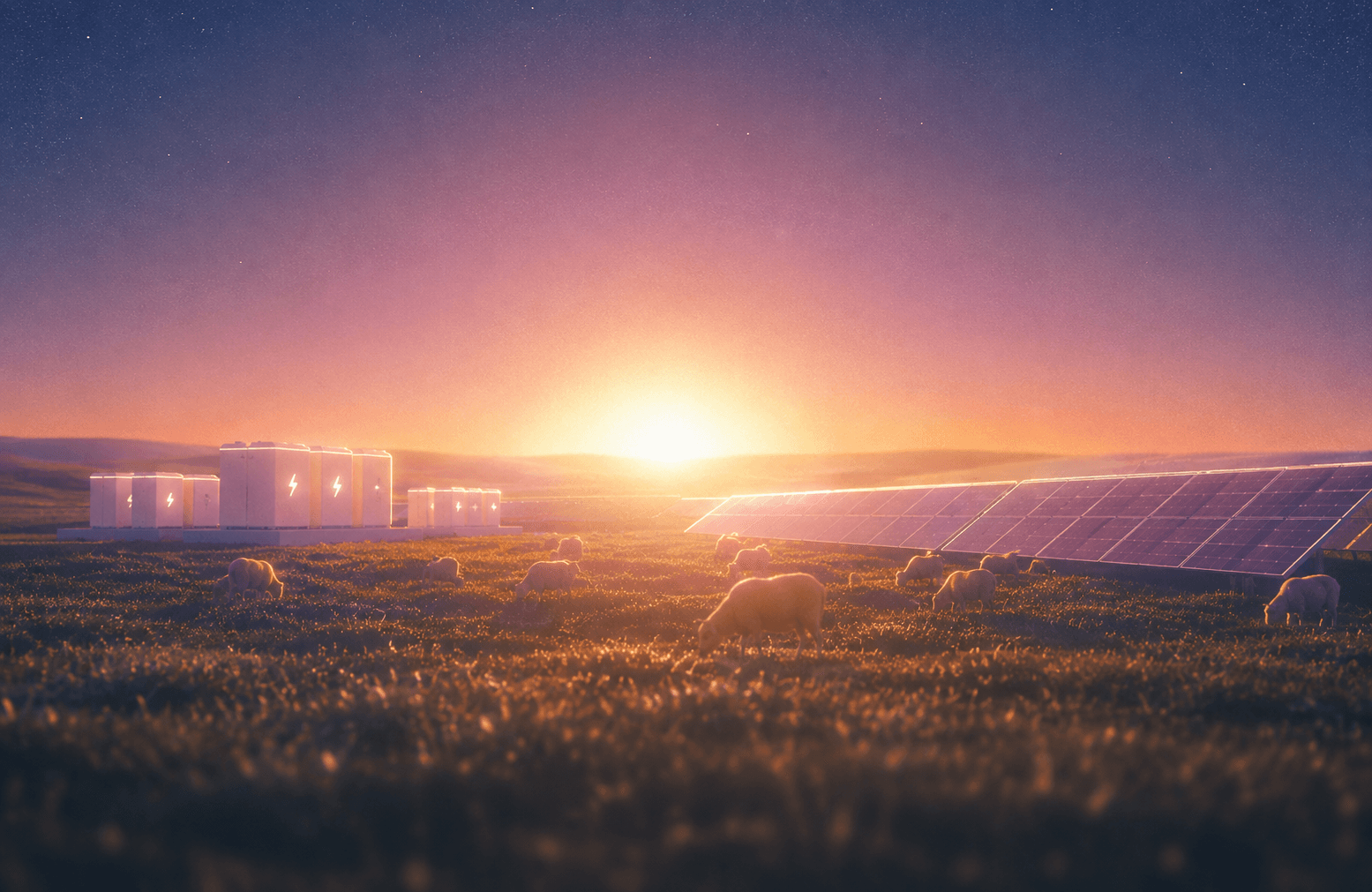 Solar PV array and battery storage grazed by sheep at sunset
